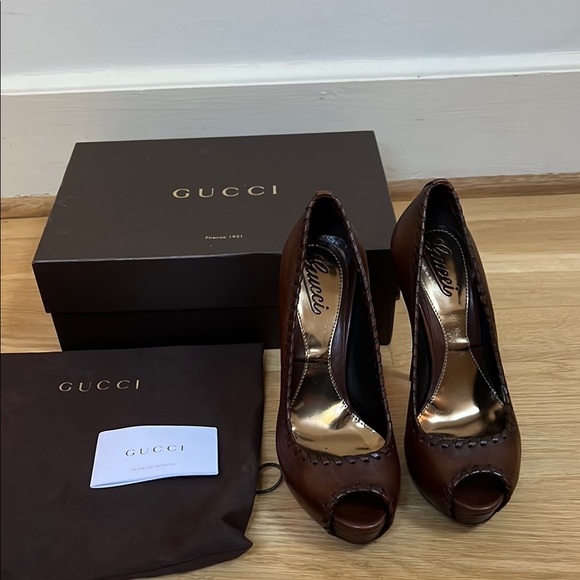 Gucci Brown Peep Toe Heels - Picture 2 of 6